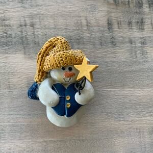 Snowman Refrigerator Magnet Blue Vest Gold Stocking Cap and Star